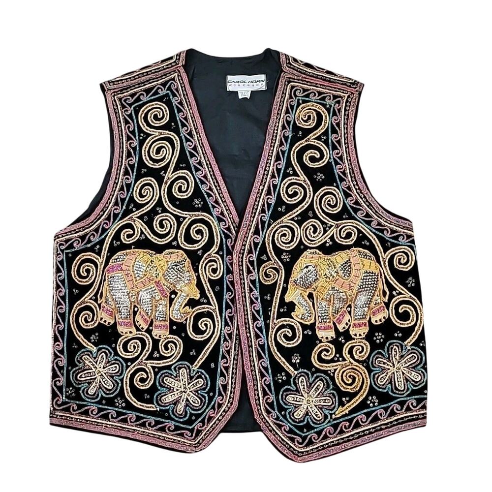 VTG Carol Horn Elephant Beaded Velvet Vest M L Art To Wear Maximalist Festival